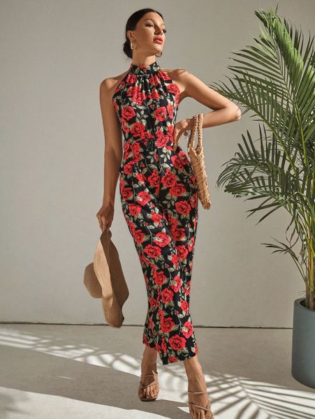 

allover floral buckle belted jumpsuit d8oh#, White