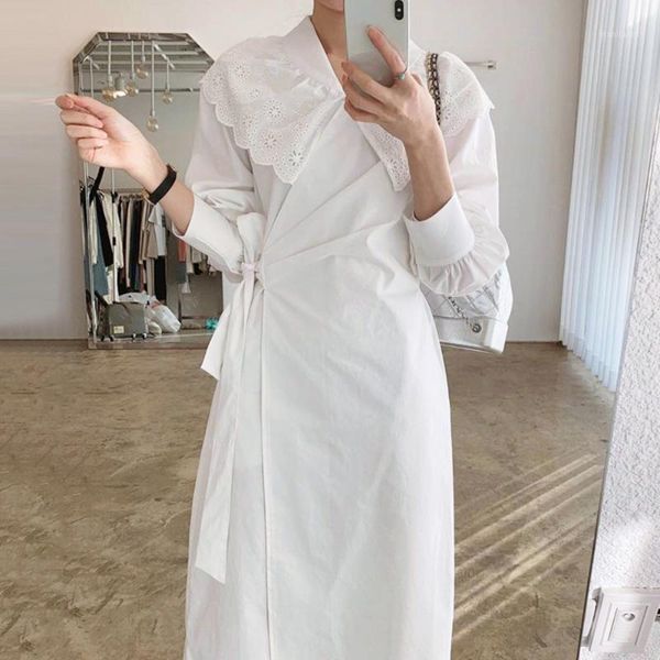 

2020 autumn new ladies solid v-neck lace stitching side lace one piece long sleeve mid calf high waist shirt dress1, Black;gray