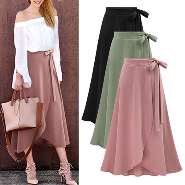 

spring summer elegant ruffle women long skirts chiffon high waist bowtie split irregular maxi skirt female bandage skirts woman, Black
