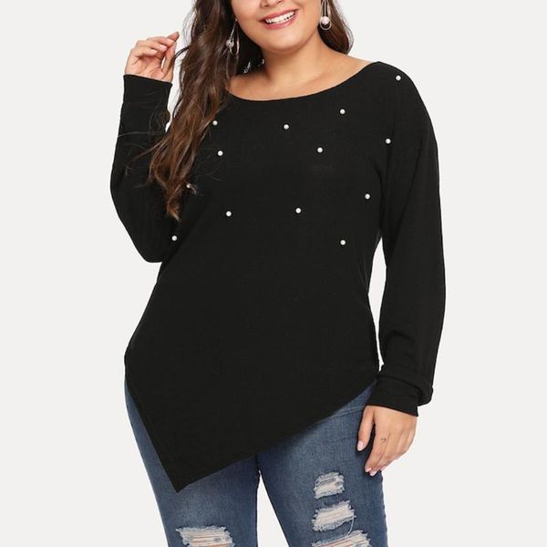 

plus size winter womens sweater woollen long sleeve o-neck pearls asymmetric hem tee pullover sweater women jumpers 1, White;black
