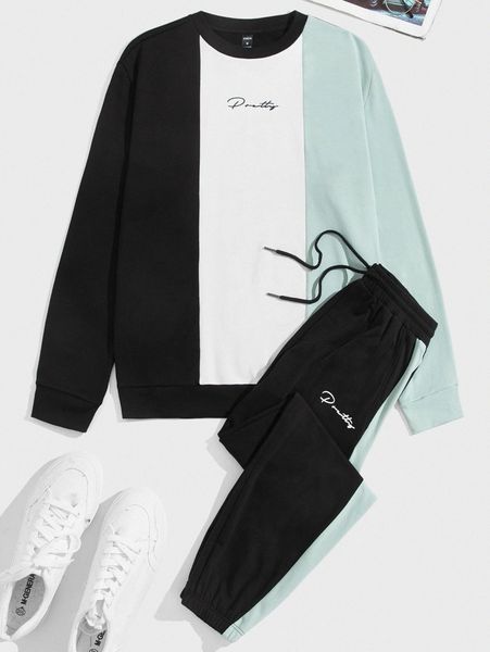 

men color block letter graphic pullover & drawstring waist sweatpants d9lr#, Gray