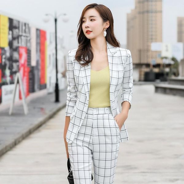 

women's two piece pants professional suit two-piece autumn and winter slim plaid ladies office jacket casual trousers high quality, White