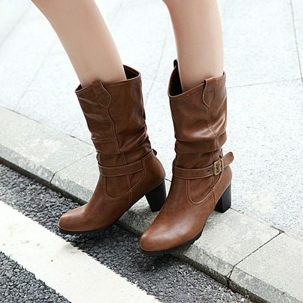 

women western mid-calf boots pu leather platform chunky med heel buckles retro shoes ladies female whosale 2021 autumn fashion, Black