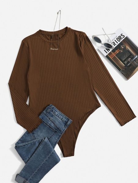 

plus solid ribbed knit bodysuit n93v#, Black