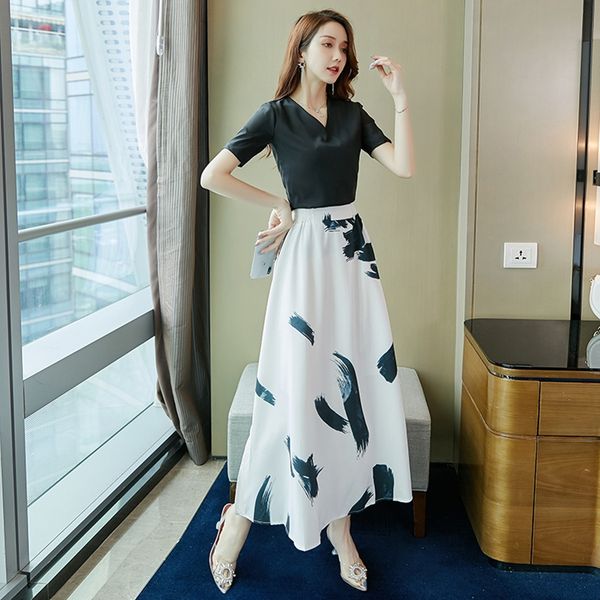 

tc5z4 2020 jumpsuit french high-end skirt dress half-length skirt two-piece new suit ink-wash temperament dress summer yzxka, Black;gray