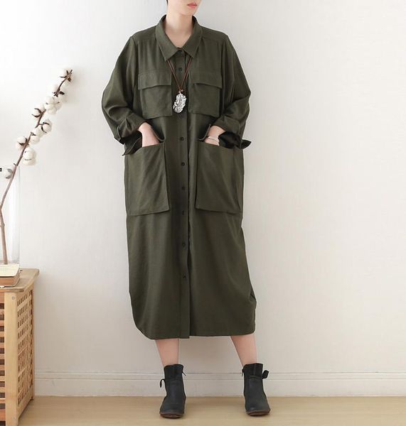 

autumn new tooling wind coat women shirt big pocket long trench coat loose large size femme solid color harajuku windbreaker1, Tan;black