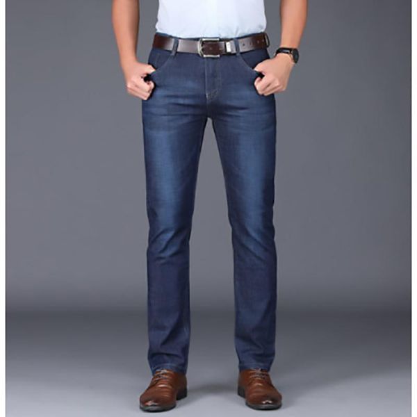 

men's jeans men business casual denim pants classic style stretch slim midweight full length trousers male, Blue