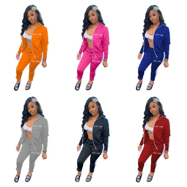 

women lucky lable letters tracksuit embroidery zipper coat high collar jacket and legging pants outfit two piece clothing sets g12201, White