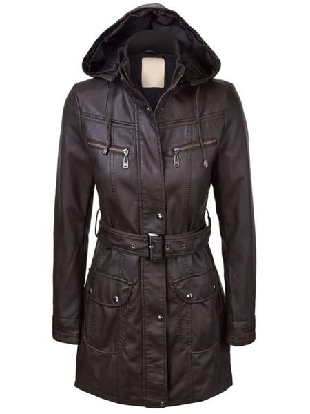 

autumn casual pu leather jacket slim fit hooded vintage pockets zipper design faux leather coats female outerwear, Black