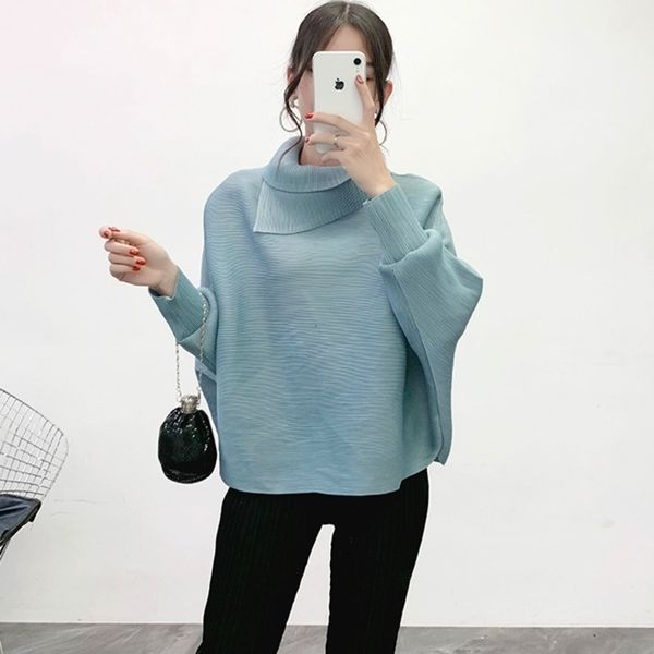 

lanmrem new scarf collar batwing sleeves pullover twice pleated thickness loose autumn sweatshirt wj74304 201203, Black