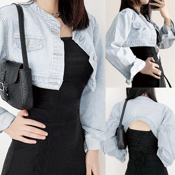 

women's basic jacket denim jacket long sleeve round neck buttoned cardigan slim cropped denim1, Black;brown