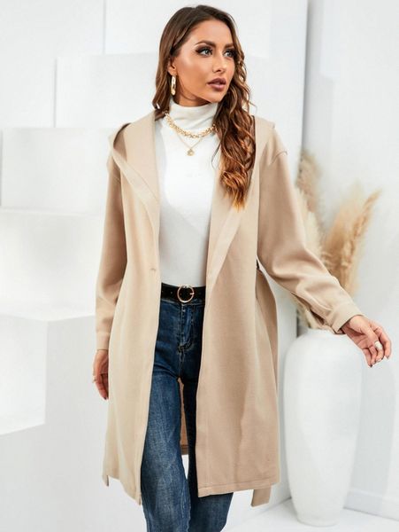 

drop shoulder single button hooded belted overcoat w0nz#, Black