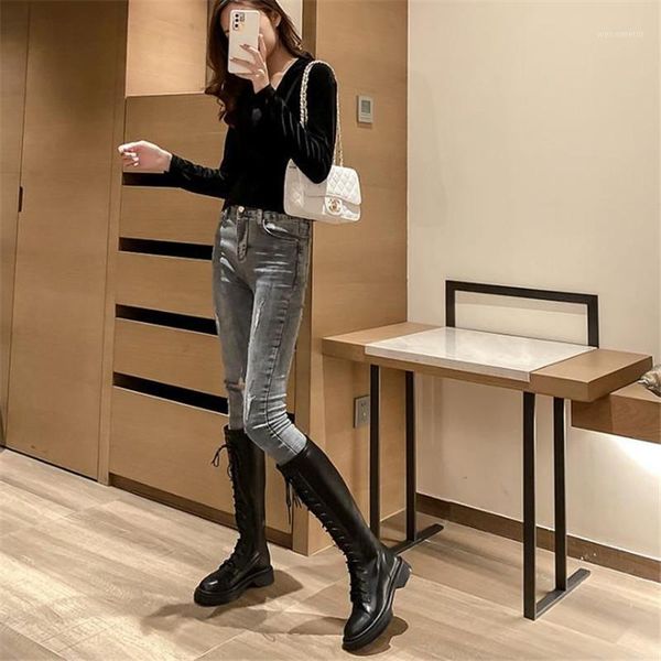 

2021 winter new back zipper front lace up middle tube round head inside increased beige women's thick heel high tube knight boot1, Black