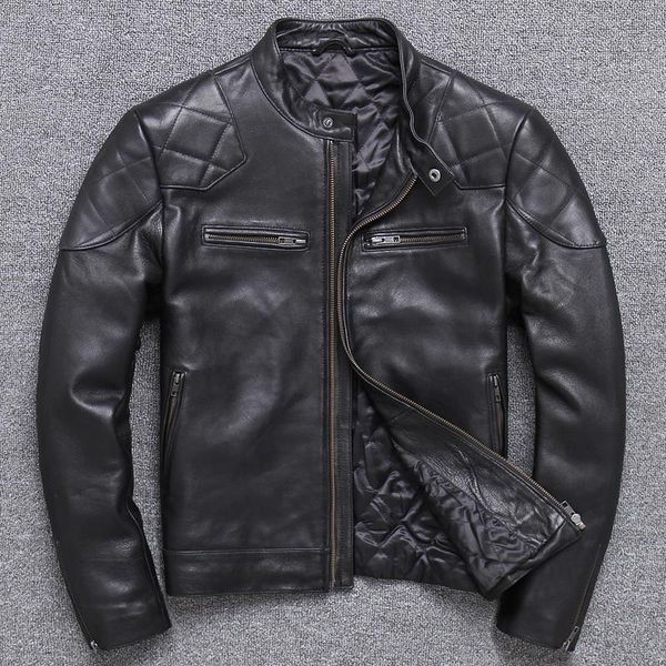 

sheepskin motorcycle genuine leather jacket men winter thick warm large size real leather slim short coat male fashion outerwear, Black