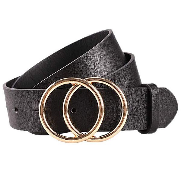 

2020 new vintage double round buckle belt 2020 fashion leather waist belt for women female harajuku black red solid color belt#a, Black;brown