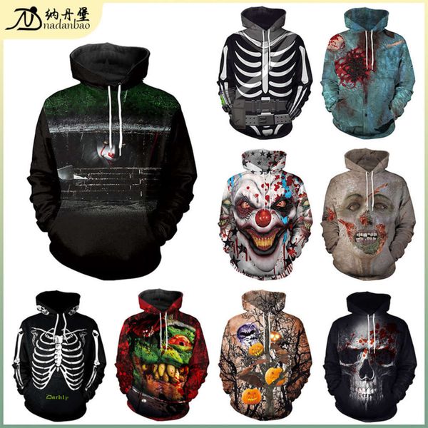 

2020 halloween costum new popular horror 3d digital printing hooded sweater, Black