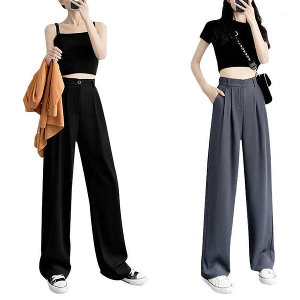 

black women's suit pants high waist office gray loose straight wide leg pants large size floor length 2020 autumn new, Black;white