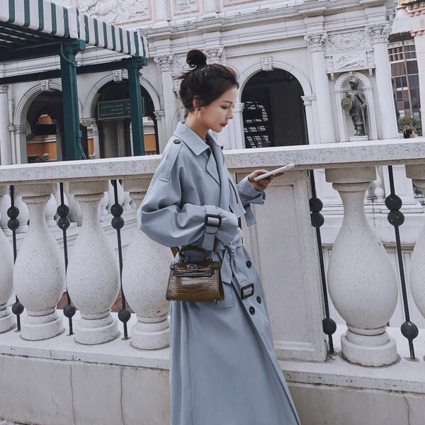 

2021 new autumn with belt women clothes blue coat feminino harajuku abrigo mujer long trench femme ooiu, Tan;black