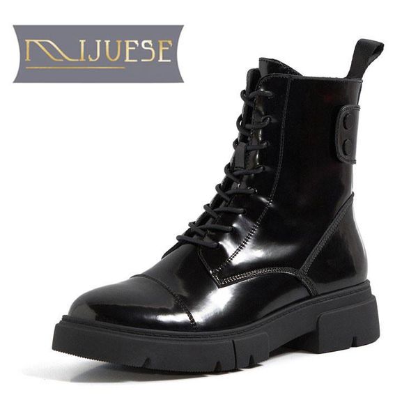 

mljuese 2021 women ankle boots cow leather winter short plush round toe zipper med heels female riding boots size 39, Black