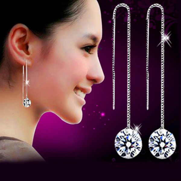 

factory price tassel cubic zircon shiny crystal cz sterling silver plated copper long chain earrings