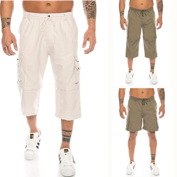

men's shorts summer 2021 cargo cotton casual outdoor multi-pocket knee-length zipper men, White;black