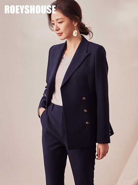 

women's two piece pants professional white collar suit female 2021 jacket dark blue intellectual two-piece set