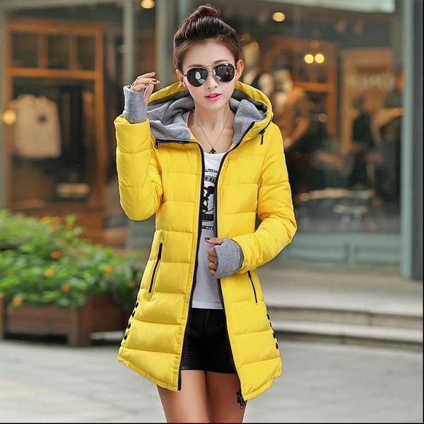 

wholesale autumn winter slim down cotton jacket female medium long thickening with a hood womens gloves wadded coat, Black