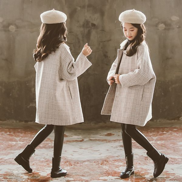

teenagers woolen plaid coat kids girls jacket thicken woolen long sleeve coat korean style button coat children girls clothes 12 0930, Blue;gray