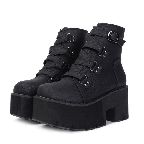 

women ankle boots 2021 spring winter shoes platforms boots rubber sole buckle black leather pu high heels female chunky big size