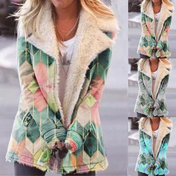 

2021 women's autumn winter overcoat lapel printed single-breasted long-sleeve jacket with down-down cotton1, Black;brown
