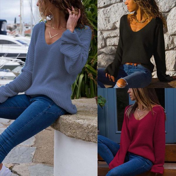 

2021 arrived v neck thin knitted sweater loose casual autumn winter women pullover black red blue female solid easy to match, White;black