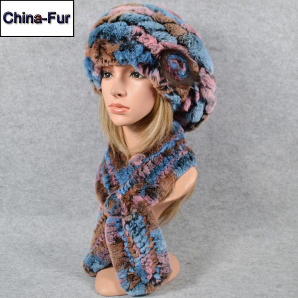 

berets 2 pieces sets knitted real rex fur hat scarf women cap scarves natural poncho and hats, Blue;gray