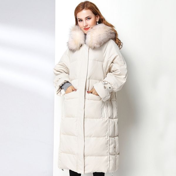 

women's white duck down jacket winter coat jacket women real natural fur collar female hooded warm jacket long down parka y201026, Black