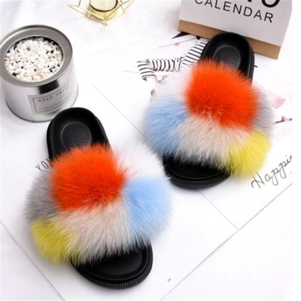 

women's winter home plush shoes really fox fur slippers woman fur slides striped fluffy sandals female furry flip flops36-45 #np6j, Black