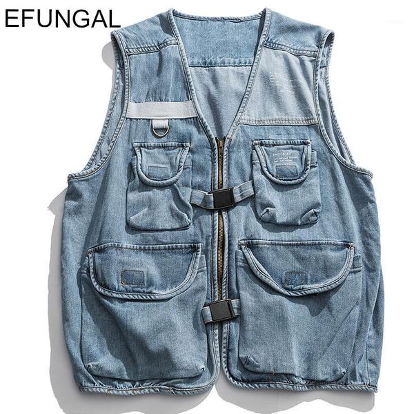 

denim jean vest men multiple pockets hip hop vests zipper streetwear skateboard sleeveless winter casual jackets coats1, Black;white