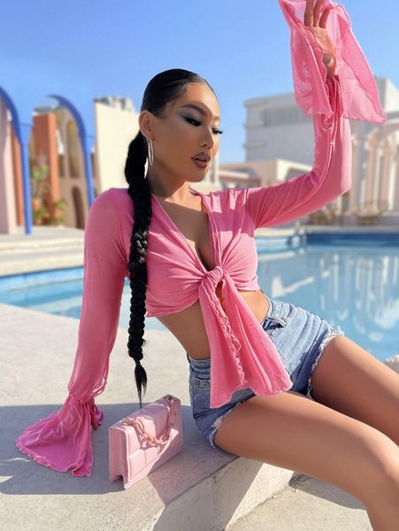 

sxy knot front plunging neck flounce sleeve crop mesh q70r#, White