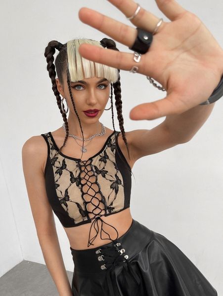 

butterfly embroidery mesh tank b3jb#, White