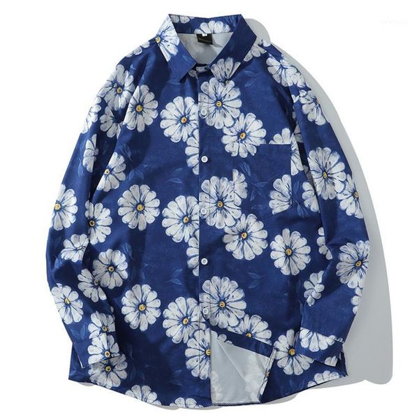 

men's casual shirts mens daisy print hawaii beach harajuku streetwear 2021autumn long sleeve oversize blouse hiphop purple, White;black