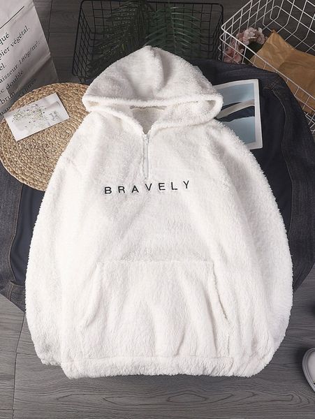 

men letter embroidery kangaroo pocket teddy hoodie e8lo#, Black