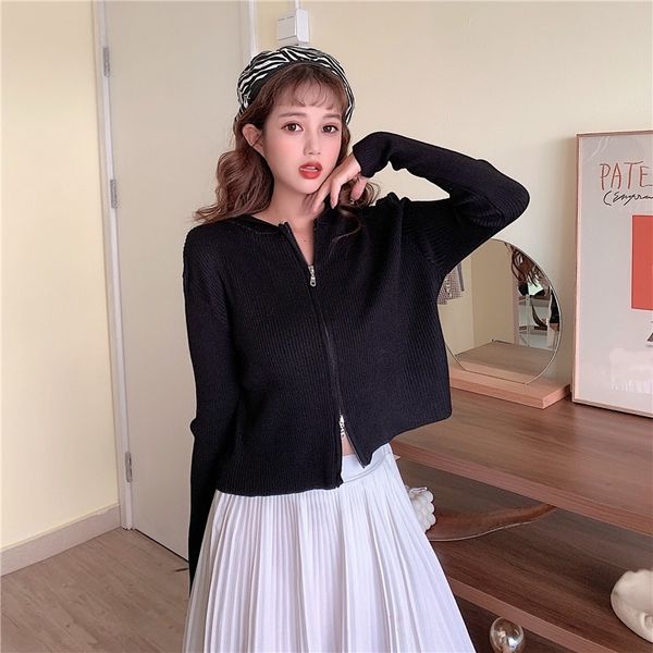 

2020 новый стиль молнии с капюшоном с длинным рукавом футболки для женщин, носящих кардиган короткий жакет короткий жакет сверху маленький п, White;black