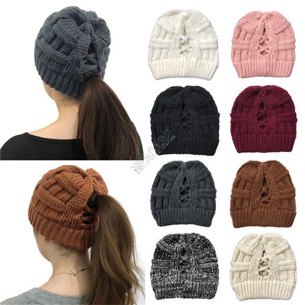 

сплошные равнинные вязаные женские шляпы зимние шапочки criss cross pay out ponytail cap slouchy skull caps headwear girls теплые вязаные шл, Yellow