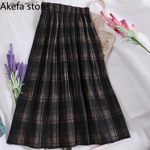 

skirts women plaid autumn new pleated preppy sweet skirt harajuku leisure vintage chic elastic waist thick woolen retro ladies1, Black