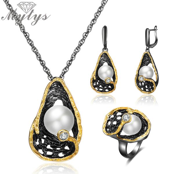 

mytys vintage black color jewelry sets pearl necklace earrings rings sets for women ancient statement gift cn546 ce620 r2163 201222, Slivery;crystal