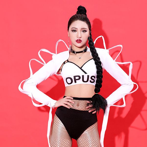 

jazz dance costumes white print long sleeve suit nightclub gogo pole dancing clothes set women stage show dancewear, Black;red