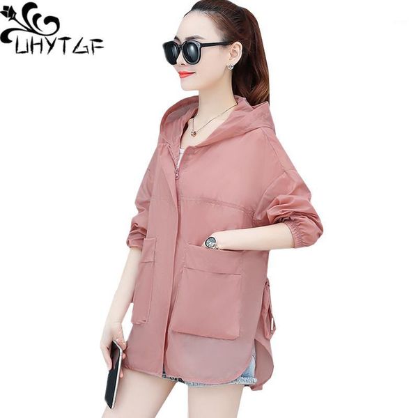 

uhytgf fashion women's summer jacket long-sleeved breathable loose plus size sunscreen clothing elegant girl thin coat 10881, Black;brown