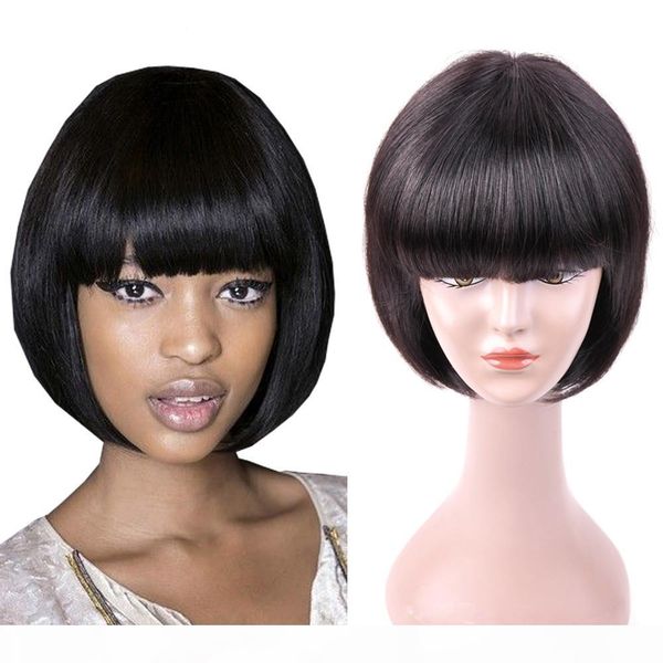 

human hair wigs lace front european straight human hair full lace wigs for black women bangs short bob pre plucked bleached knots, Black;brown
