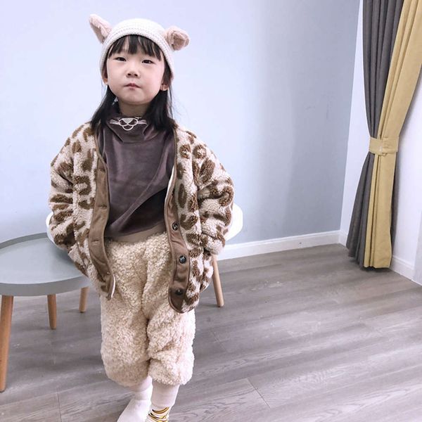

2020 winter new korean children's cardigan zhongda girl baby leopard lamb coat, Black