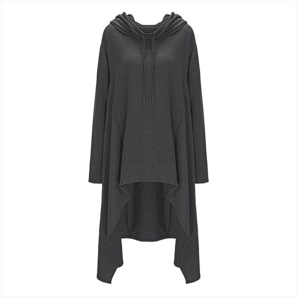 

women autumn new fashion long asymmetric casual hoodie solid multi color long sleeve drawstring hooded plus size sweatshirt, Black