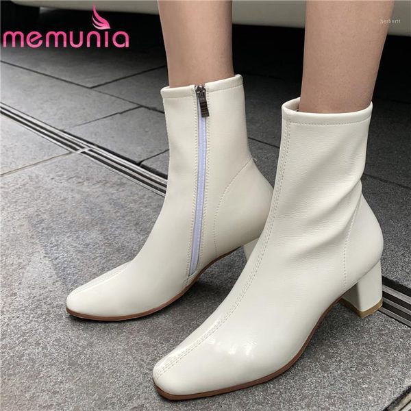 

boots memunia 2021 fashion ladies square toe thick high heels autumn winter zipper ankle women1, Black