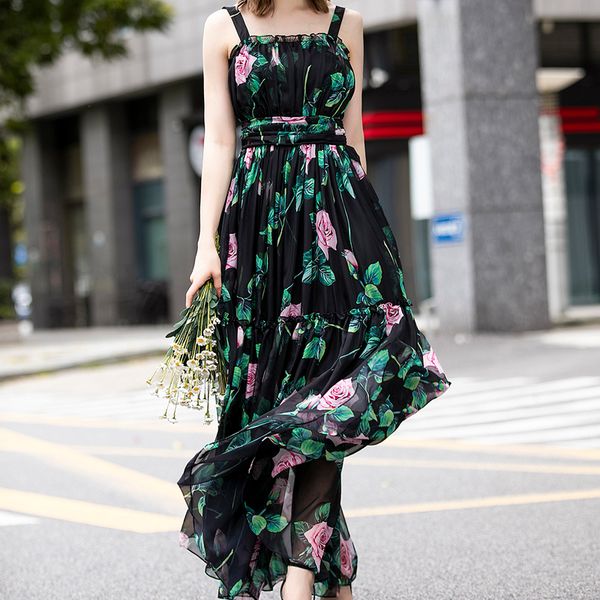 

floral impression boho maxi sleeveless lady summer long beach dress women in vintage robes tee6, Black;gray